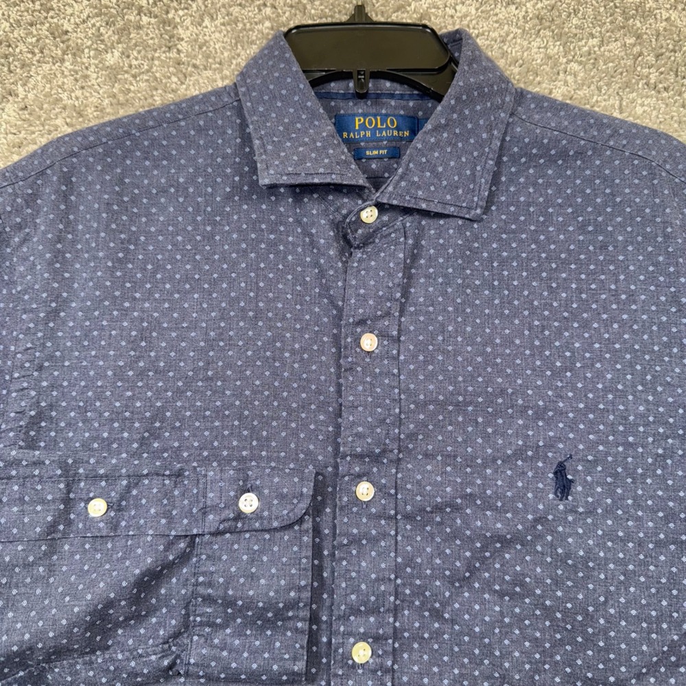 Polo Ralph Lauren Mens Slim Fit Blue Dot Print Button Down Shirt Size Large